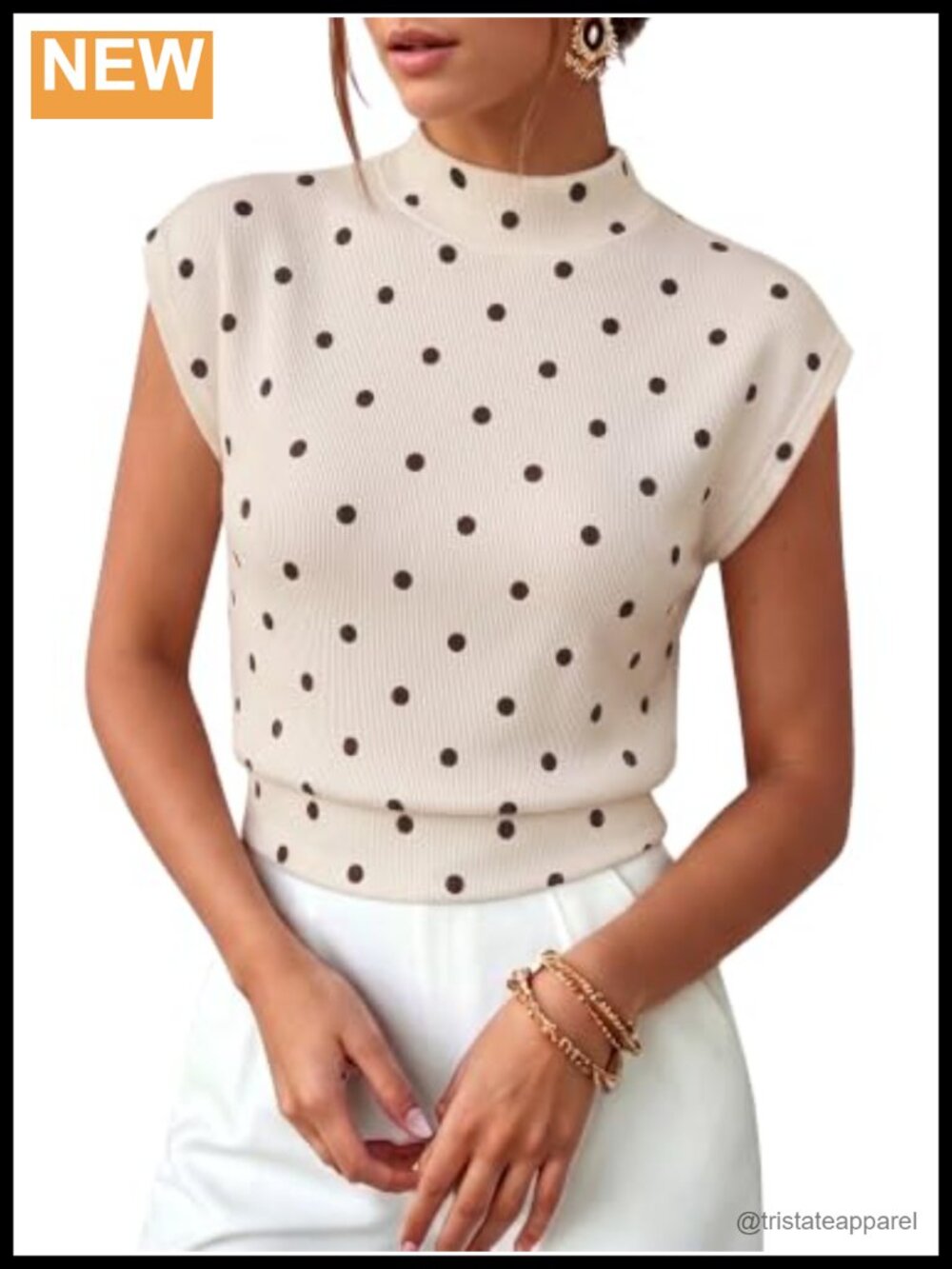 Women's Mock Neck Cap Sleeve Polka Dot Knit Tank Top Casual Pullover